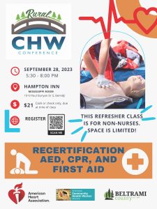 Rural CHW Conference, Recertification AED, CPR, and First Aid Flyer. 