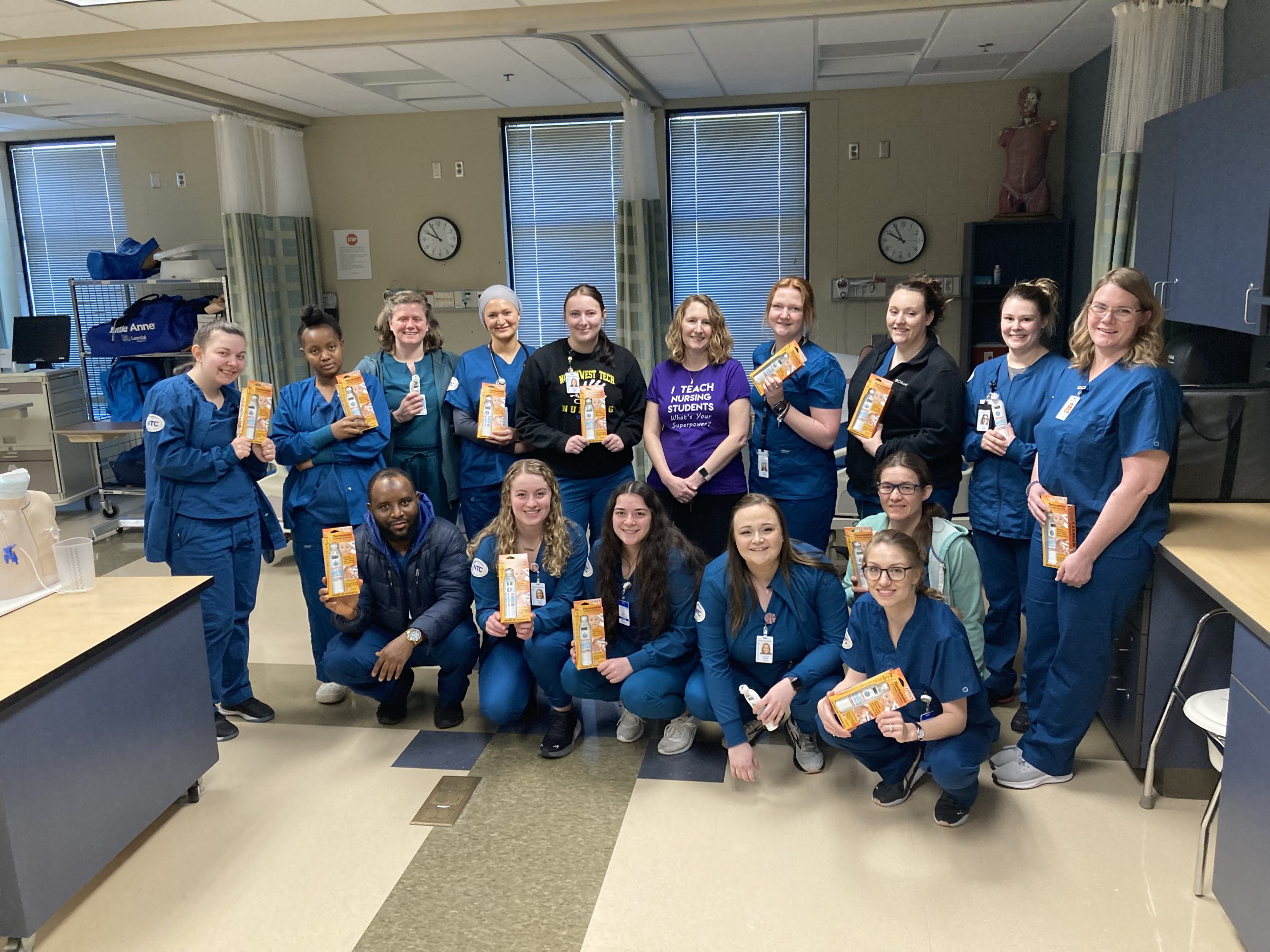NTC nursing students pose with thermometers donated by Exergen Corporation.