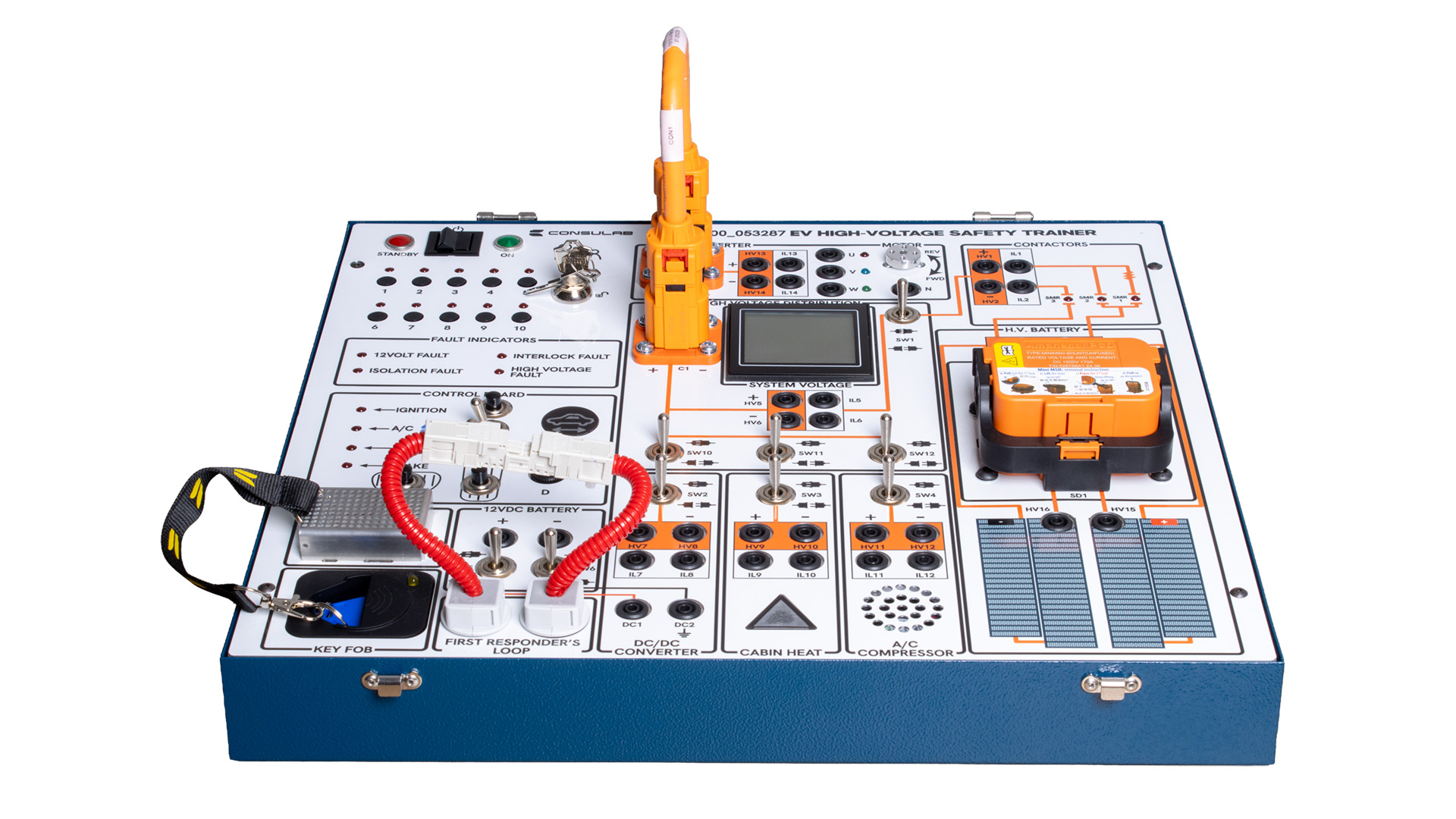 A product shot of an EV-400 electric vehicle safety trainer. It is a blue box with dozens of contacts and service points, and an orange electrical cord is attached at the top.