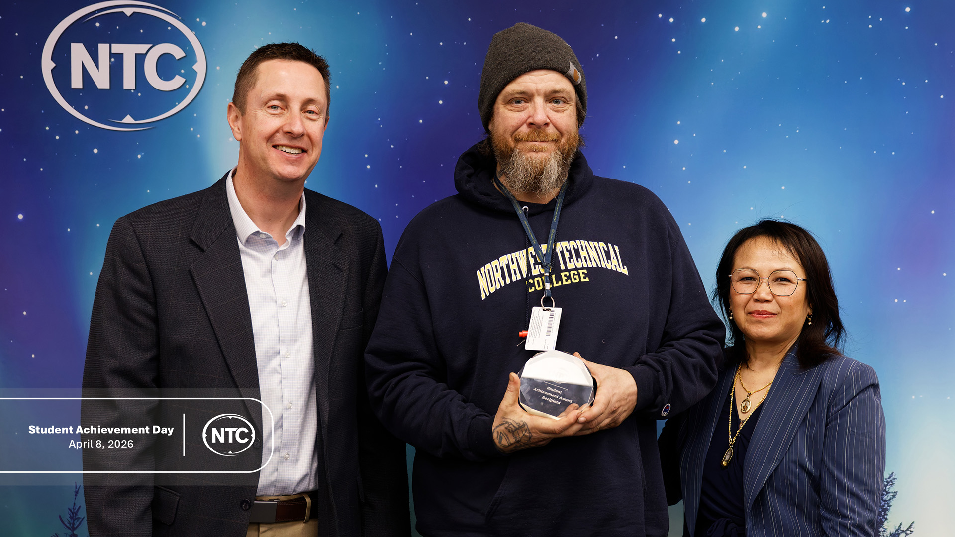 An NTC student with his Student Achievement Day award.