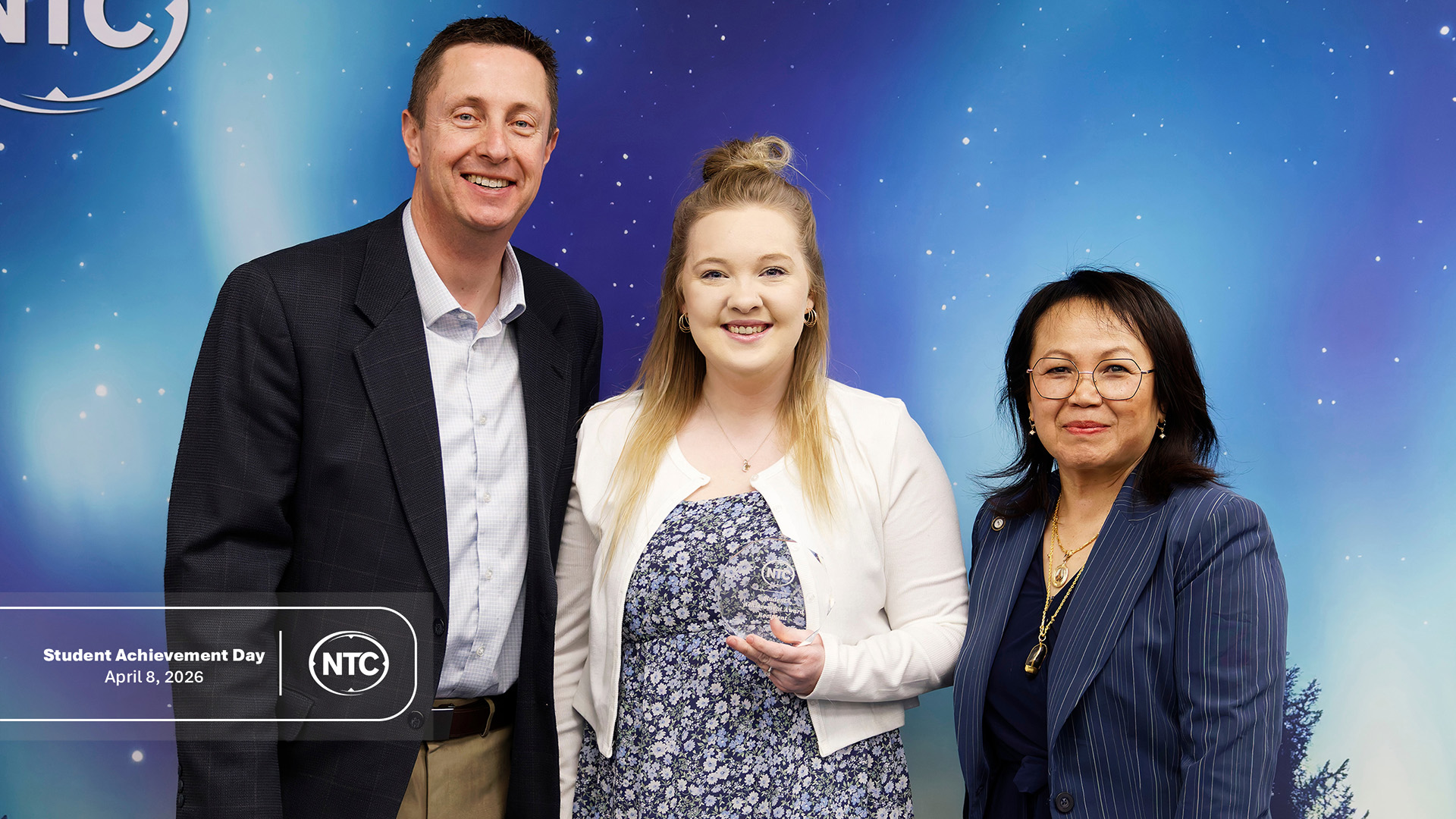 An NTC student with his Student Achievement Day award.