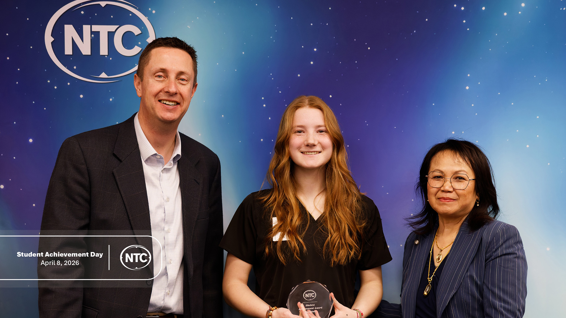 An NTC student with his Student Achievement Day award.
