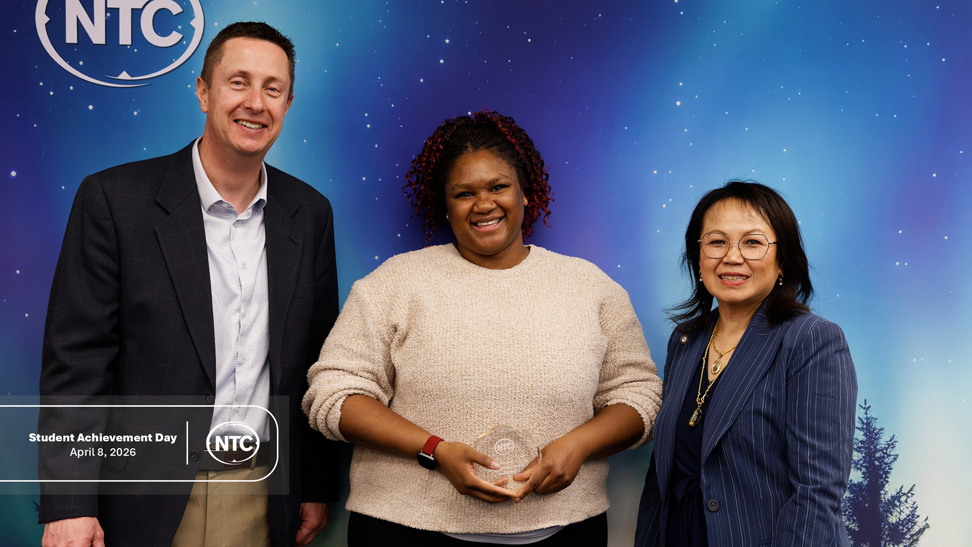 An NTC student with his Student Achievement Day award.