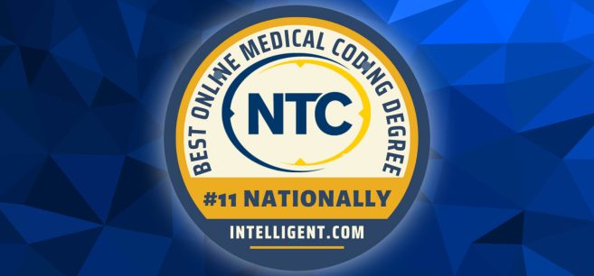 An award badge which reads "Best Online Medical Coding Degree" #11 Nationally, Intelligent.com.