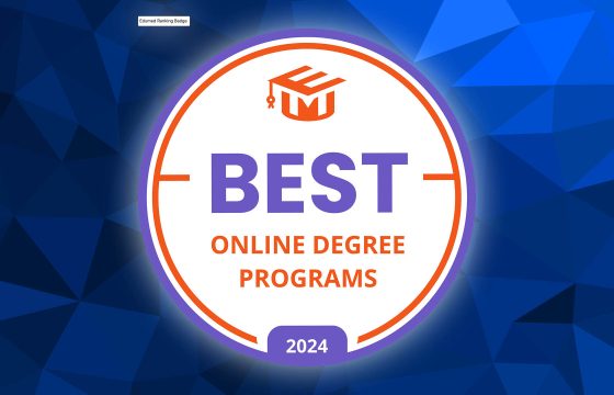 A white circular icon which reads "Best Online Degree Programs 2024" against a blue background
