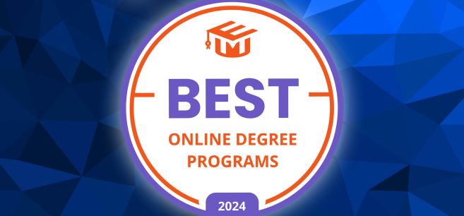 A white badge that reads "Best Online Degree Programs 2024" against a dark blue background.