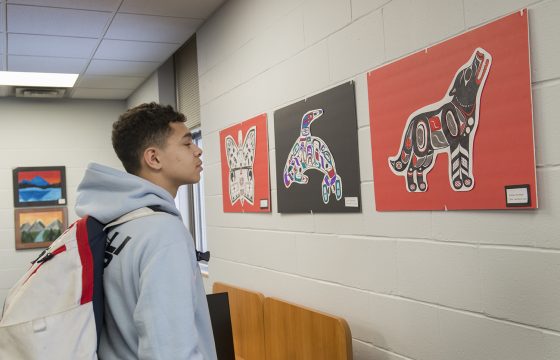 Student from Cass-Lake observing the artwork.