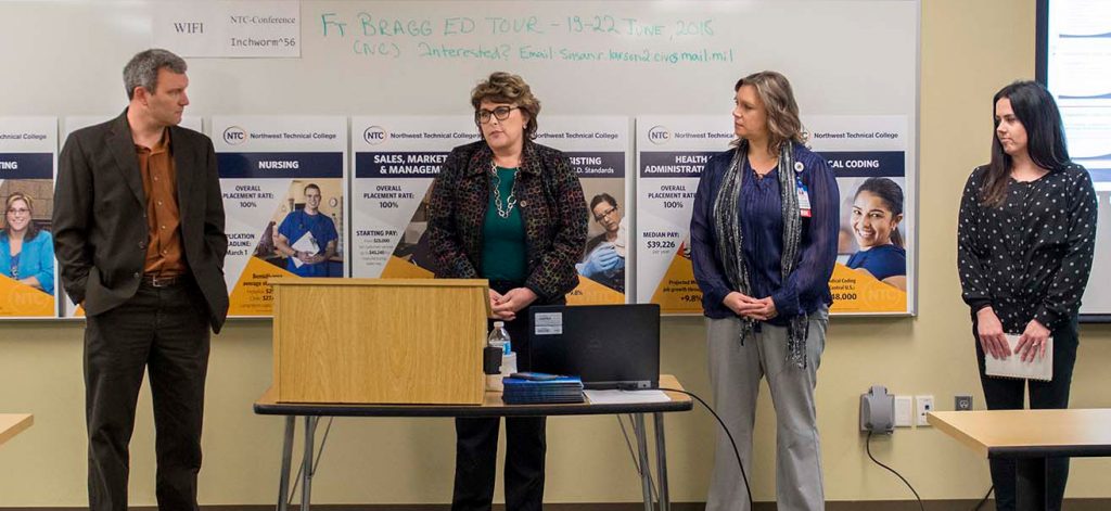 Darrin Strosahl (left) with Sanford Health's Kim Olson, director of education and academic affairs, and Michelle Lindholm, technical educator, and Sarah Martinka, general manager at Bemidji’s Chester Berg Toyota