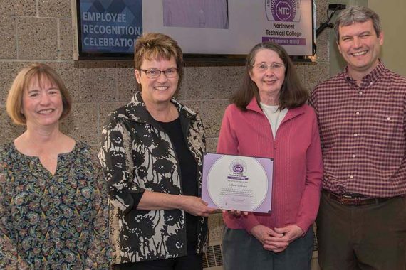 Gallery: Celebrating Retirees, Employment Milestones and Employee Award Winners Pam Stowe (2nd from right) won NTC's Distinguished Service Award and was recognized for her upcoming retirement after 20 years of service. She's pictured with VP Karen Snorek (left), President Faith Hensrud and VP Darrin Strosahl.