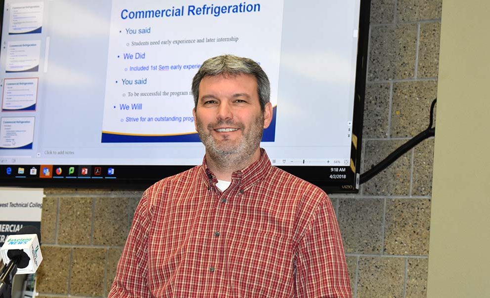 Darrin Strosahl, vice presiden for academic affairs at Northwest Technical College, announcing the launch of NTC's Commercial Refrigeration/HVAC program on April 2, 2018.