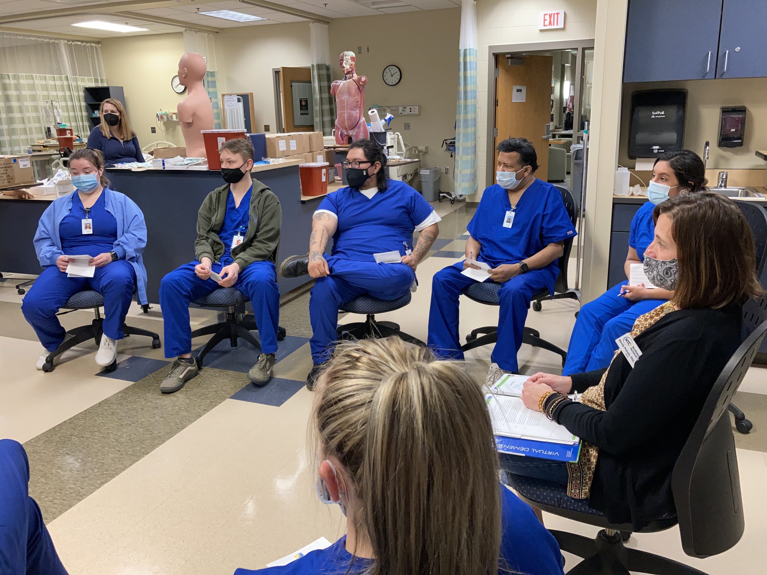 NTC’s gerontology faculty Dr. Wendy Potratz and Alicia Carley preparing students for the dementia lab