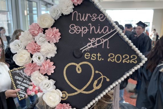 Northwest Tech Class of 2022 graduation cap that says "Nurse Sophia LPN est. 2022"