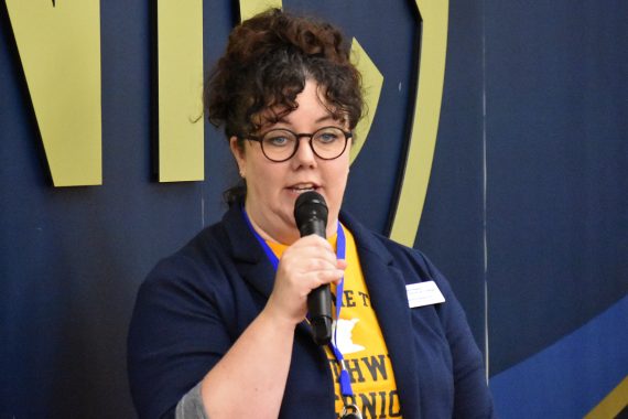 Melissa Heglund, NTC director of student success, speaks at the college's 2023 Fall Welcome Day.