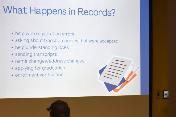 A PowerPoint slide titled "What Happens in Records?" being shown to students at NTC's 2023 Fall Welcome Day.