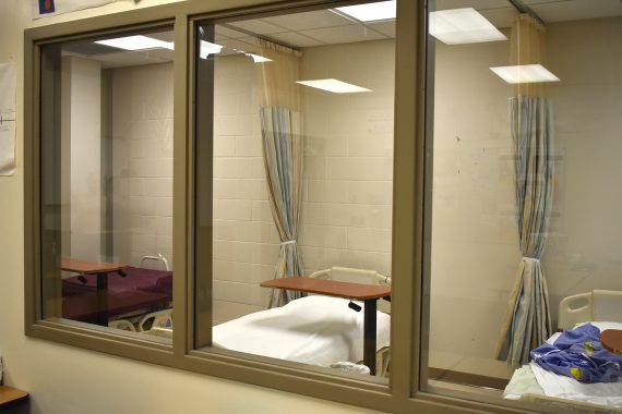 Windows separating Bemidji High School Room 2149 and the Sanford/NTC Health Sciences Lab.