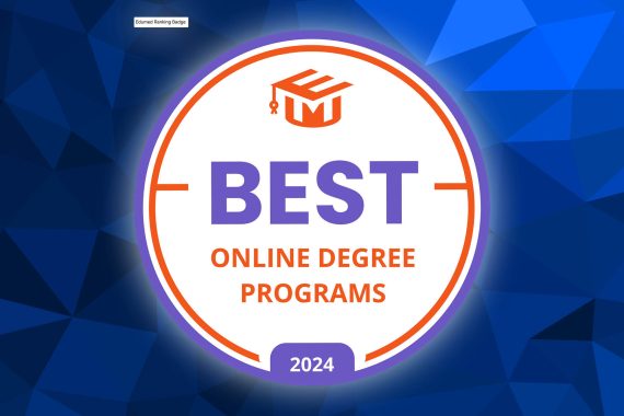 A white badge that reads "Best Online Degree Programs 2024" against a dark blue background.
